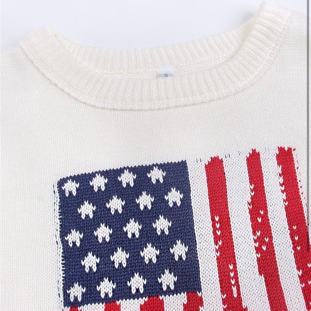 American Flag Sleeveless Sweater Vest - Casual Crew Neck Knitted Pullover - Picture 4 of 6
